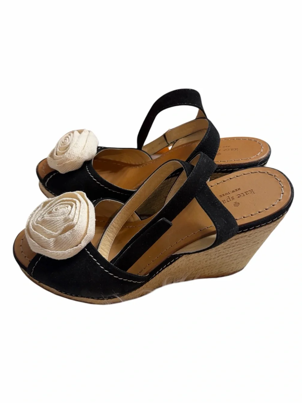 Kate Spade Black Suede Wedge Sandals with Cream Rosette 10.5